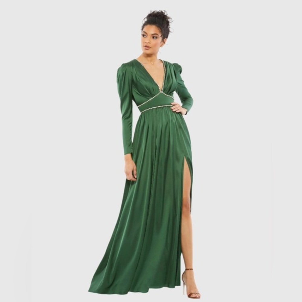 New Mac Duggal Green Rhinestone Trim Puff Sleeve Gathered Gown Sz: 10 #55702